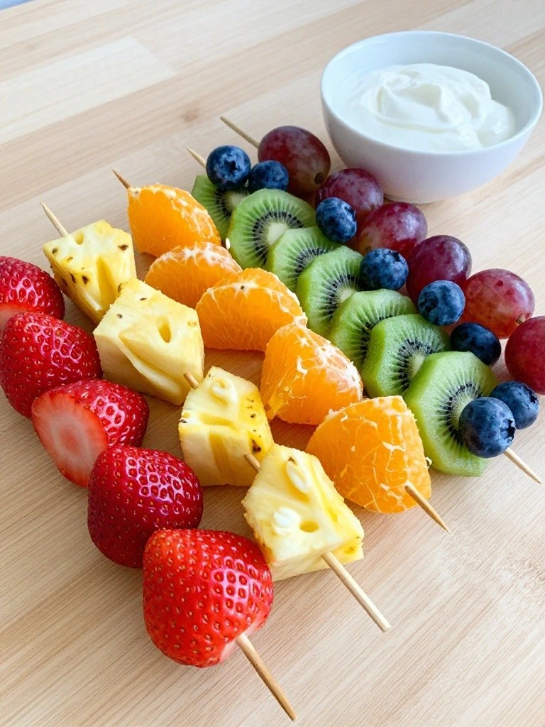 Rainbow Fruit Skewers with Vanilla Yogurt