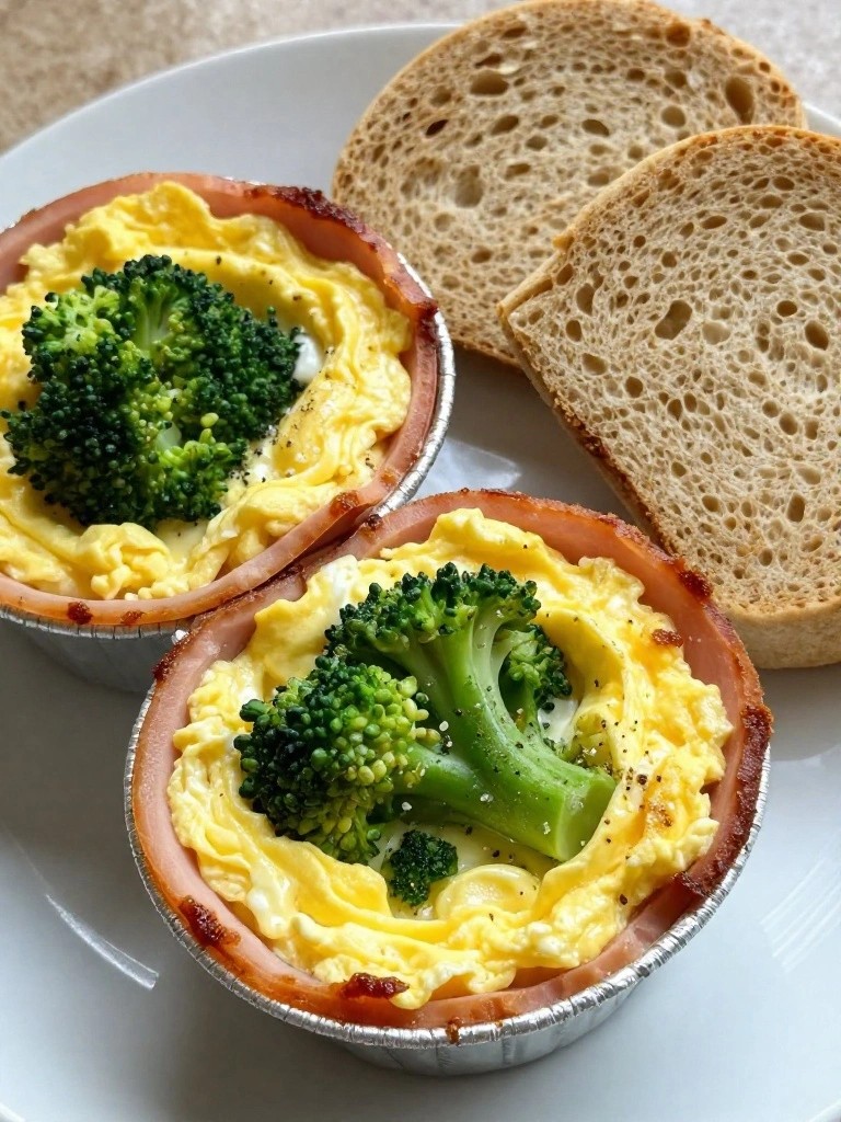 Baked Egg Cups with Ham Broccoli and Whole Wheat English Muffin