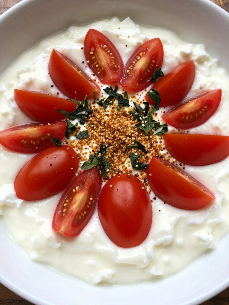 Cottage Cheese Breakfast Bowl with Tomatoes Basil and Everything Bagel Seasoning