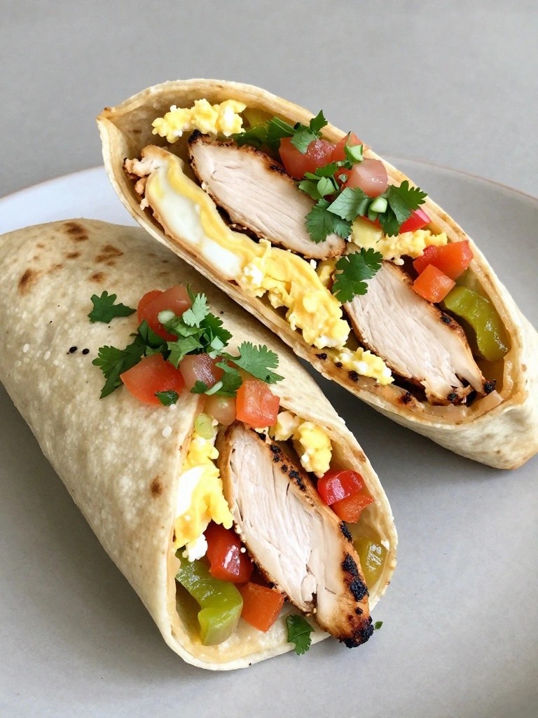 Grilled Chicken Breakfast Burrito with Peppers and Salsa