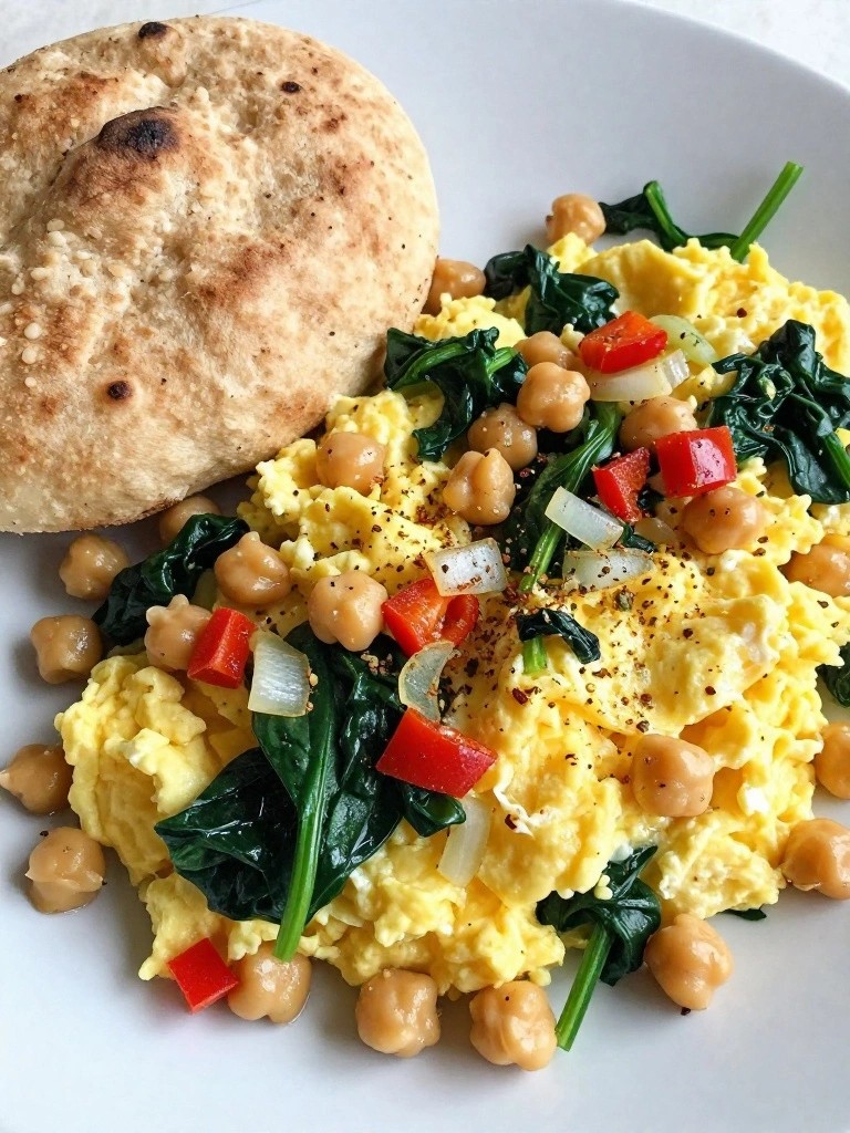 Mediterranean Chickpea Egg Skillet with Whole Wheat Pita