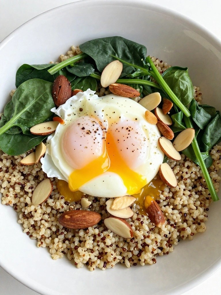 Quinoa Breakfast Bowl with Poached Egg and Almonds