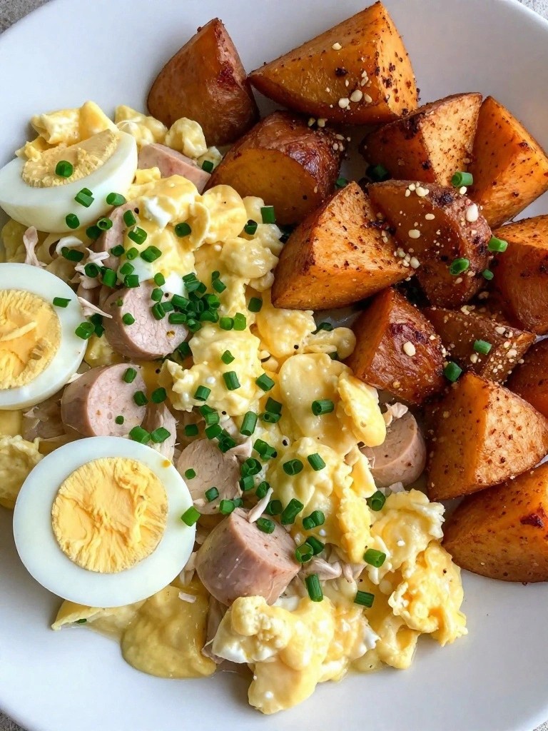 Turkey Sausage Egg White Scramble with Roasted Sweet Potatoes