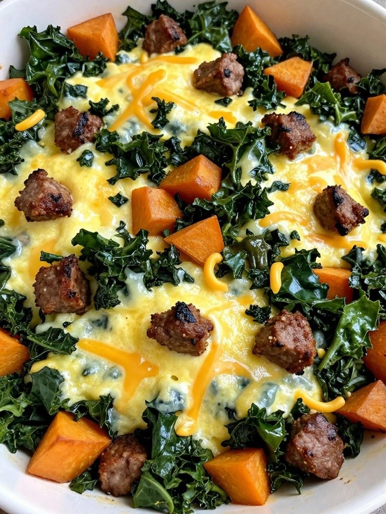 Turkey Sausage, Kale, and Sweet Potato Egg Bake