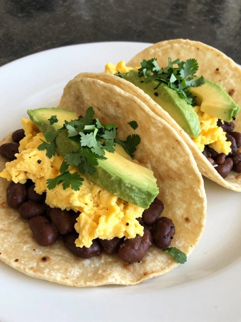 Breakfast Tacos with Scrambled Eggs, Refried Beans, and Creamy Avocado