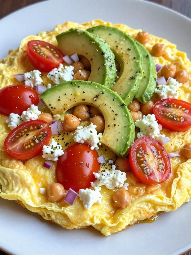 Greek-Style Omelette with Eggs, Chickpeas, Feta, and Avocado