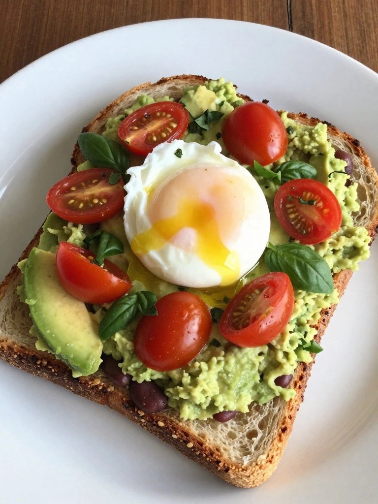 Italian Avocado and White Bean Bruschetta Topped with Poached Eggs