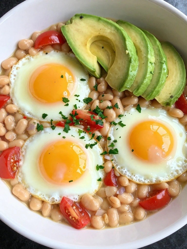 Mediterranean Baked Eggs with Cannellini Beans, Tomatoes, and Avocado