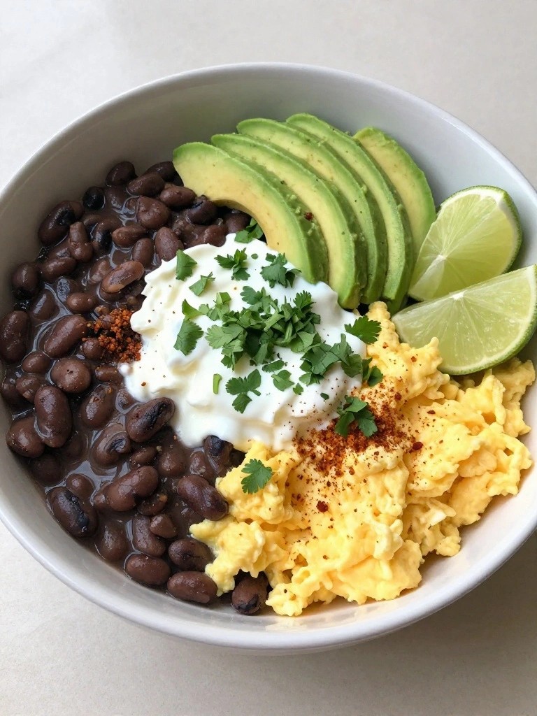 Mexican Breakfast Bowl with Scrambled Eggs, Black Beans, and Fresh Avocado