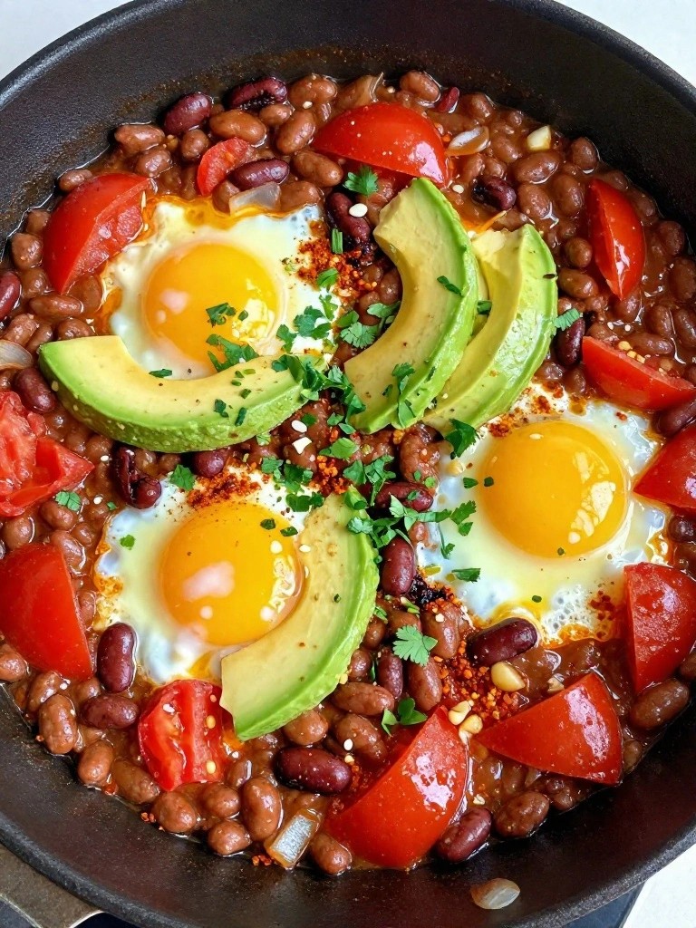One-Skillet Eggs Baked in Spicy Kidney Beans with Avocado Slices