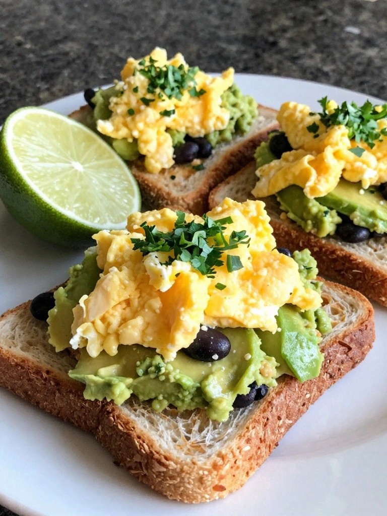 Open-Faced Breakfast Sandwich with Mashed Avocado, Scrambled Eggs, and Beans