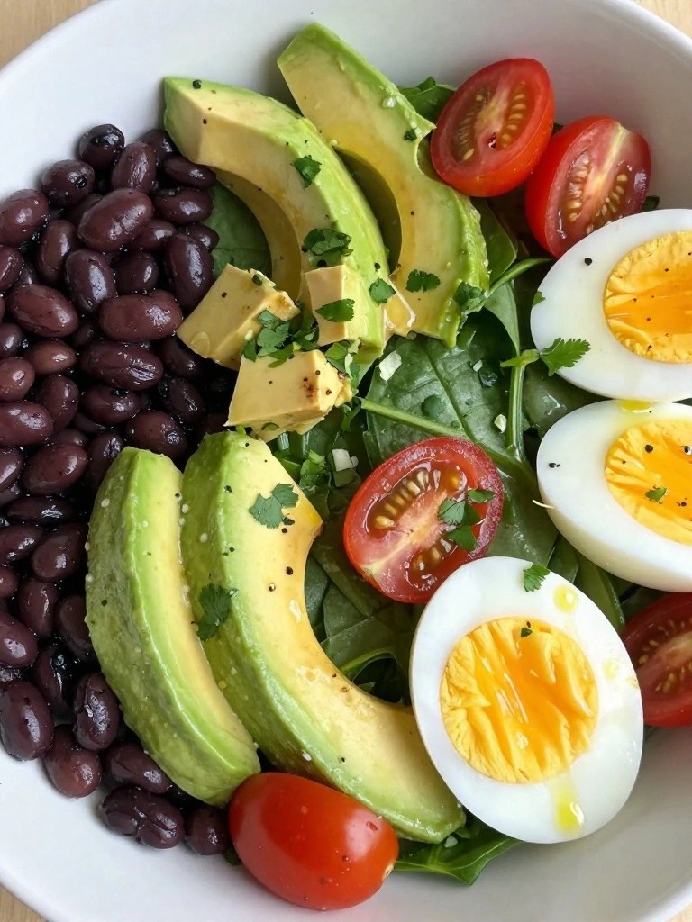 Protein Breakfast Salad with Hard-Boiled Eggs, Black Beans, and Avocado