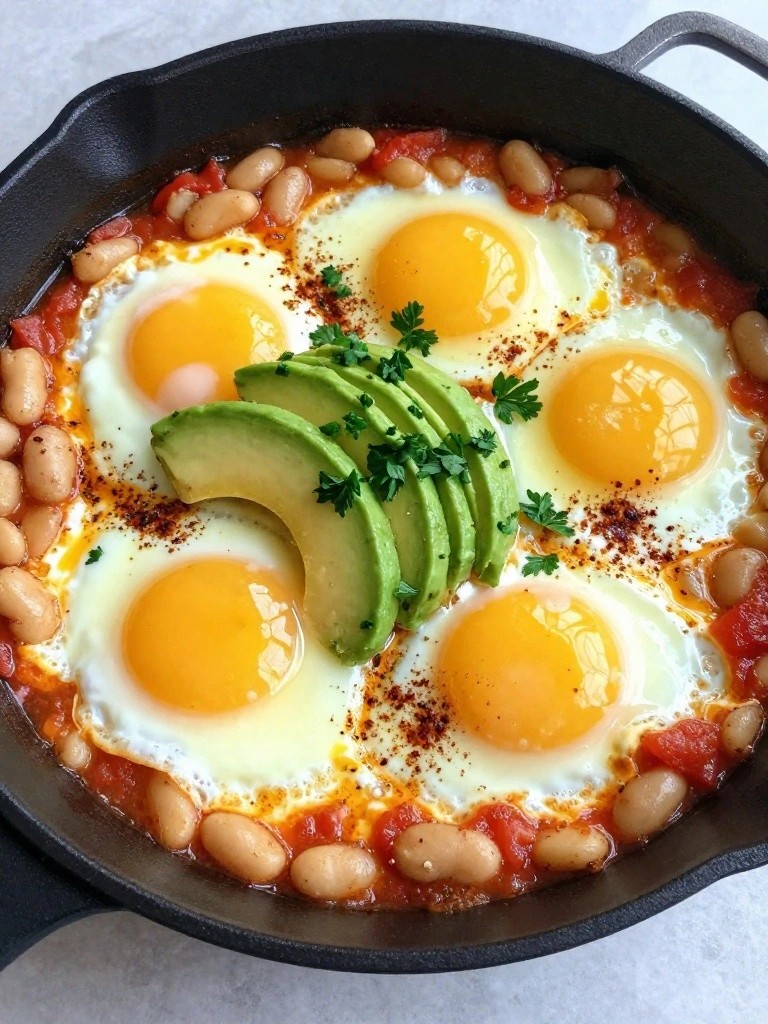 Shakshuka-Style Eggs Poached in Spiced White Beans with Avocado Garnish