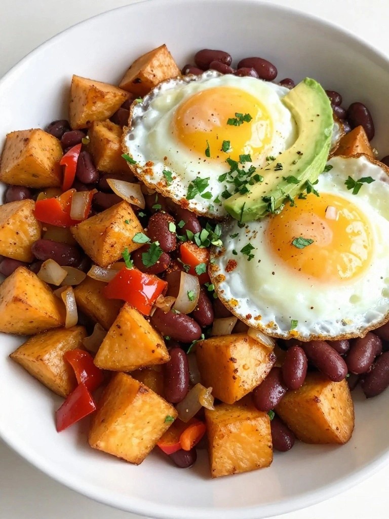 Southwest Sweet Potato Hash with Fried Eggs, Pinto Beans, and Sliced Avocado