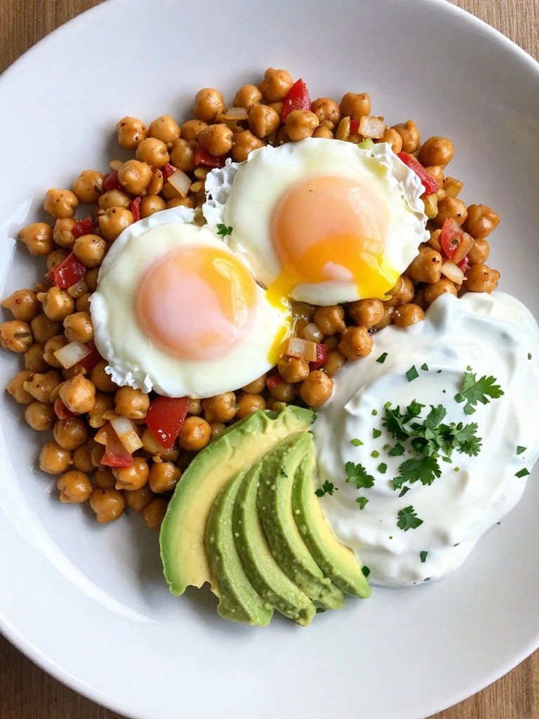 Spicy Indian Chickpea Scramble with Poached Eggs and Avocado Raita