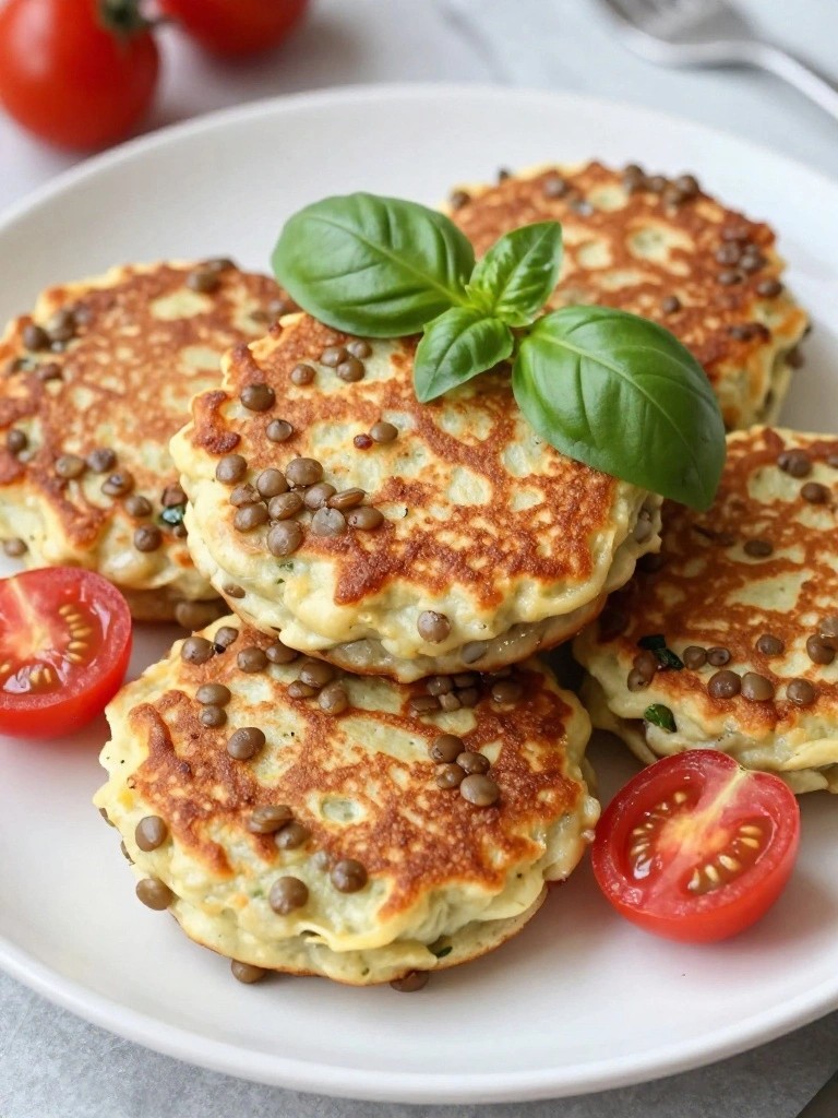 Lentil Ricotta Savory Pancakes with Tomatoes