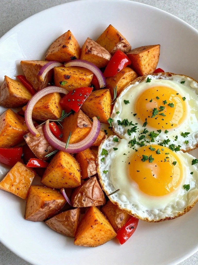 Baked Sweet Potato Hash with Fried Eggs