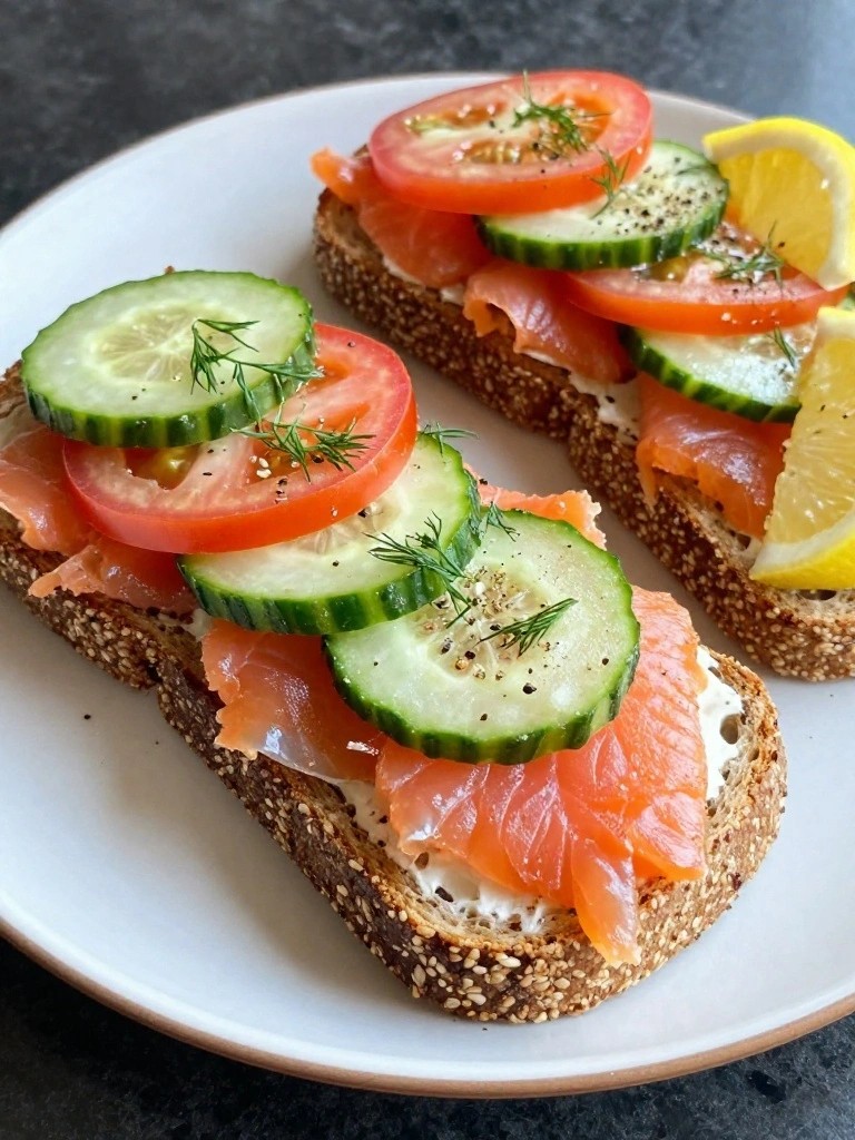 Smoked Salmon Rye Toast with Cucumber and Tomato