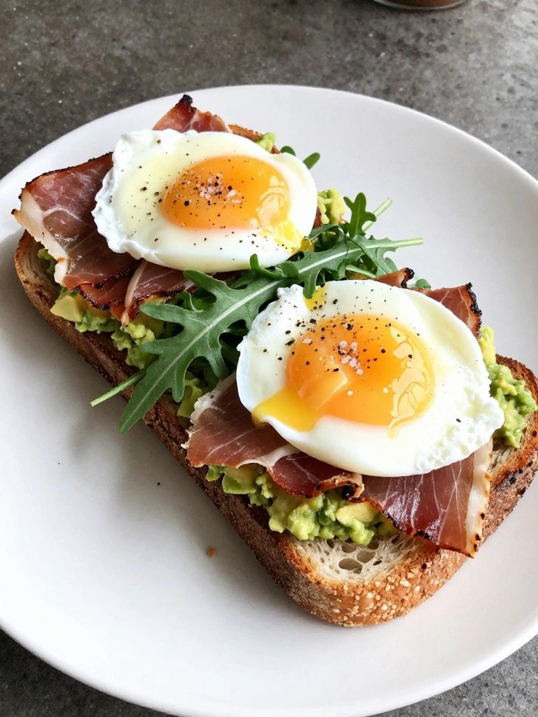 Crispy Prosciutto and Arugula Avocado Toast with Poached Eggs