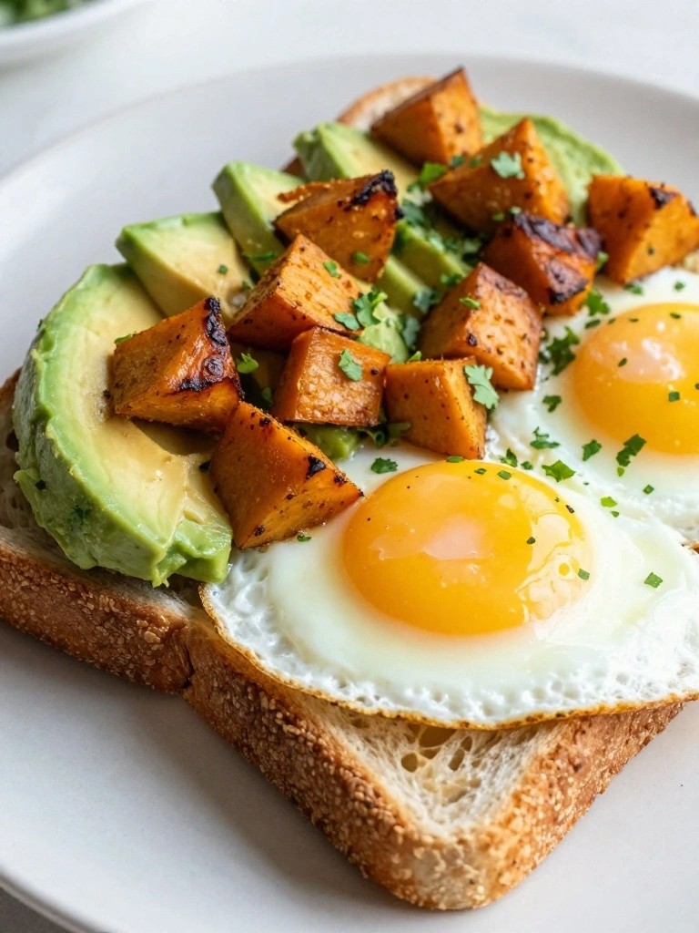 Curry-Spiced Sweet Potato Avocado Toast with Sunny-Side Eggs