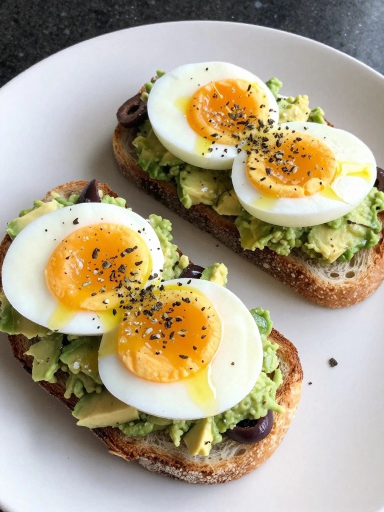Greek Olive and Oregano Avocado Toast with Soft-Boiled Eggs