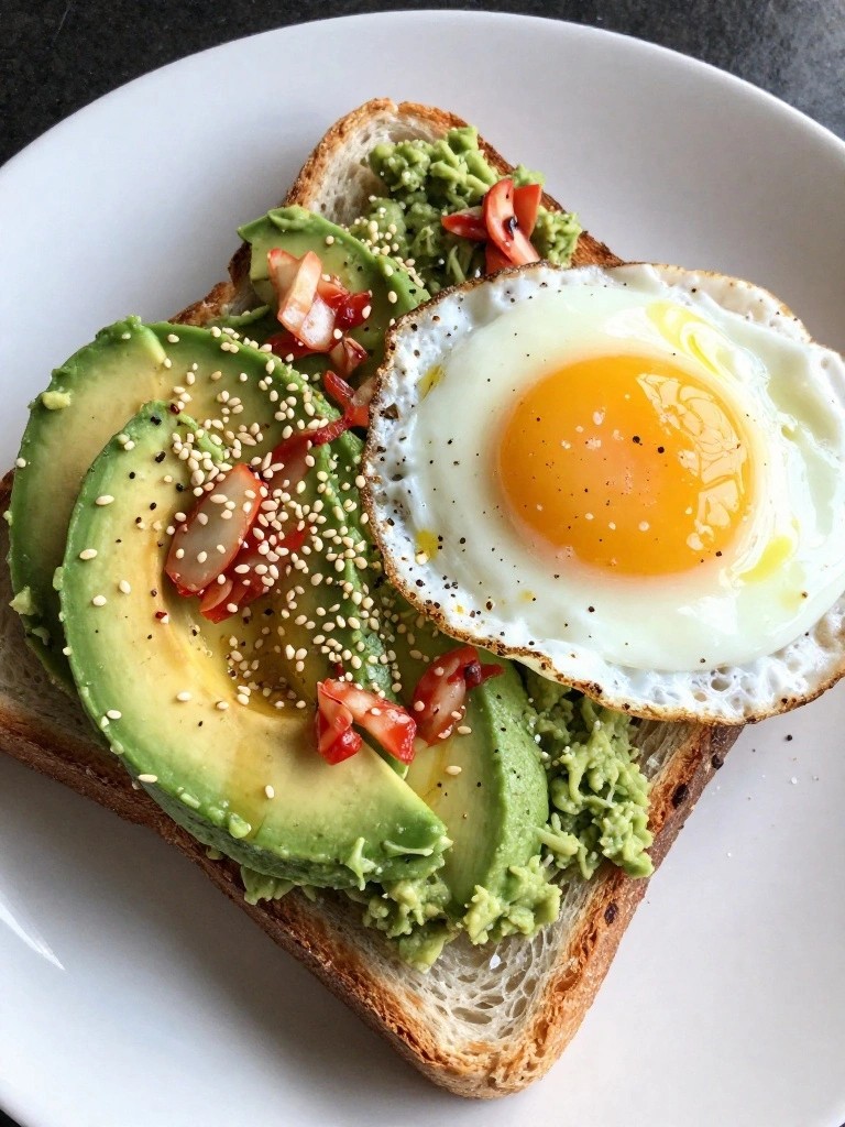 Kimchi and Sesame Avocado Toast with Sunny-Side-Up Eggs