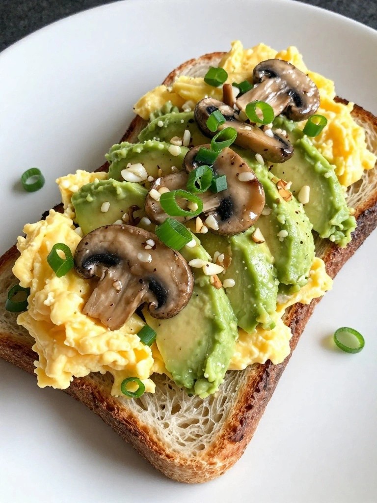 Miso Mushroom Avocado Toast with Scrambled Eggs