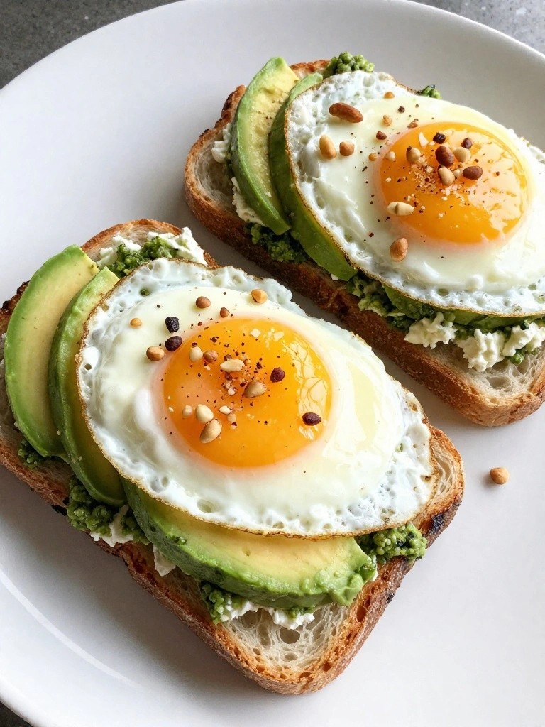Pesto Ricotta Avocado Toast with Fried Eggs and Pine Nuts