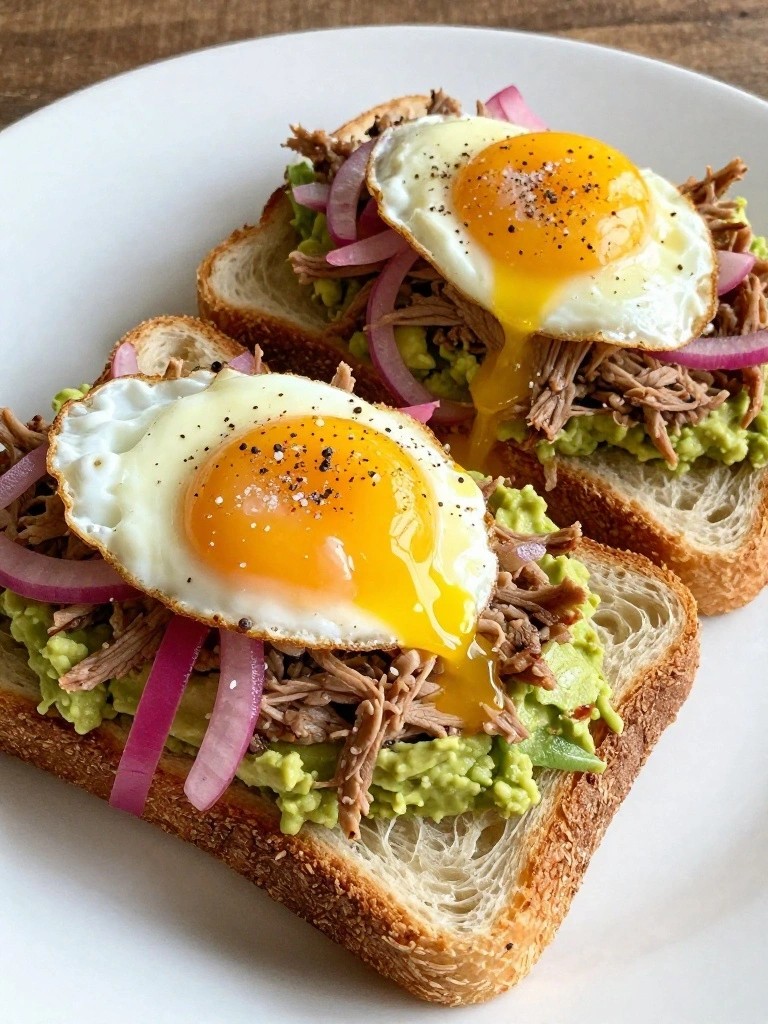 Pulled Pork and Pickled Red Onion Avocado Toast with Over-Easy Eggs