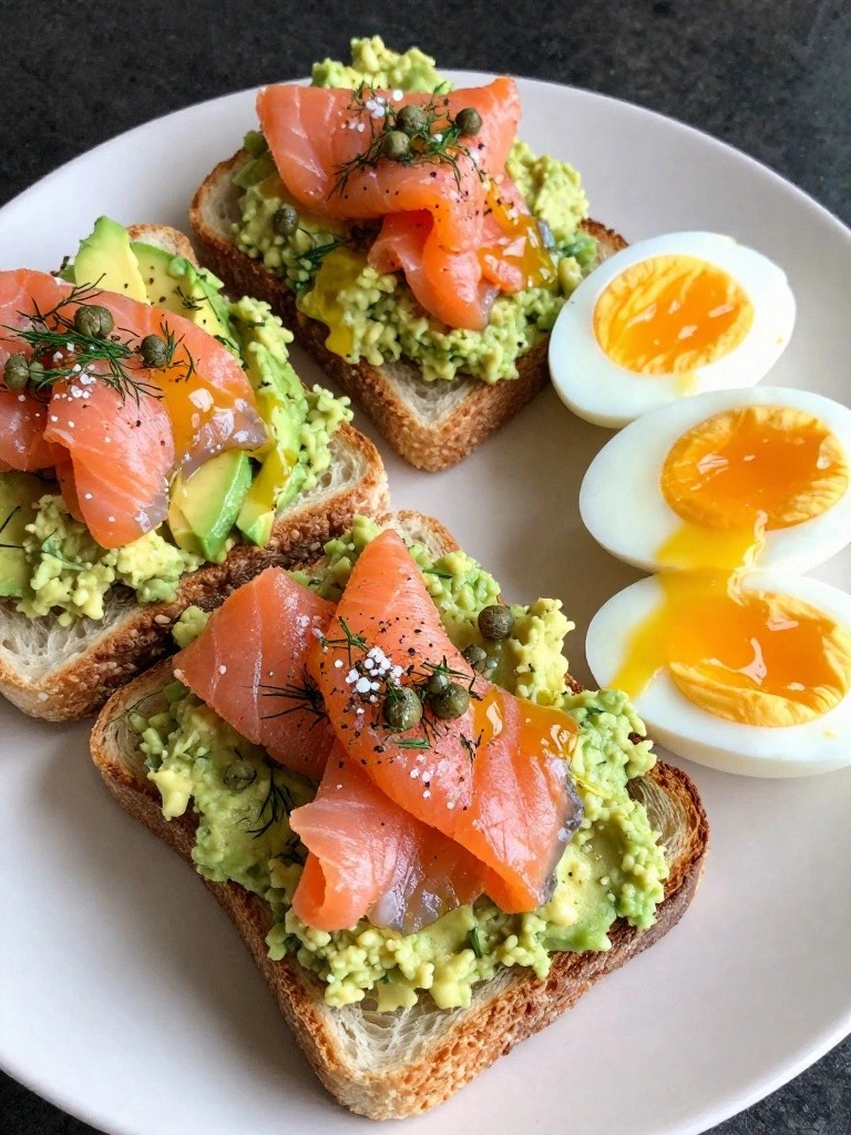 Smoked Salmon and Caper Avocado Toast with Soft-Boiled Eggs