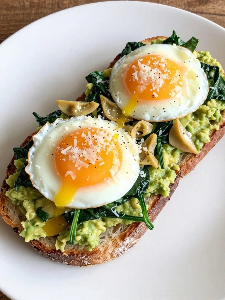 Spinach Artichoke Avocado Toast with Baked Eggs and Parmesan