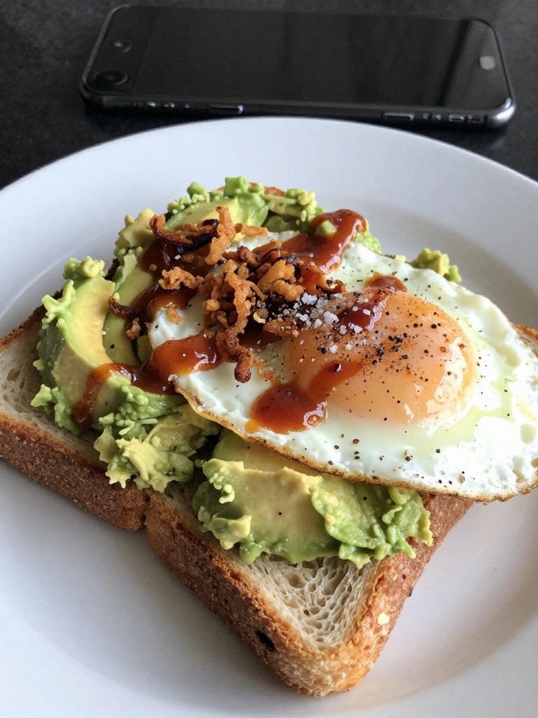Sriracha Mayo and Crispy Onion Avocado Toast with Fried Eggs
