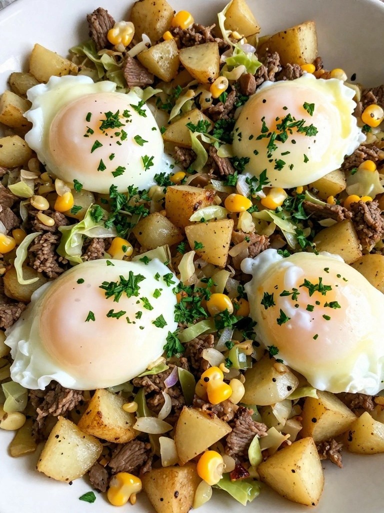 Corned Beef and Cabbage Hash with Poached Eggs