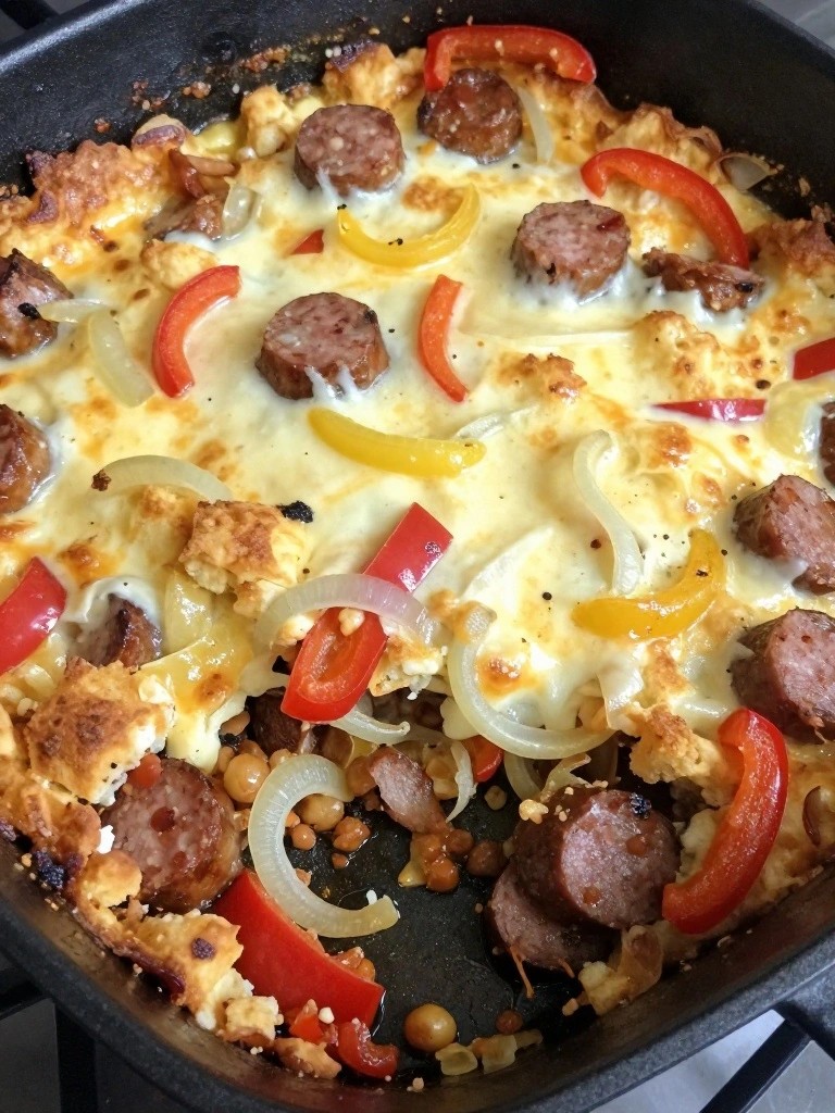Italian Sausage Pepper and Onion Strata Skillet