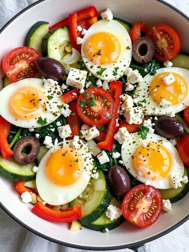 Mediterranean Veggie and Feta Egg Skillet