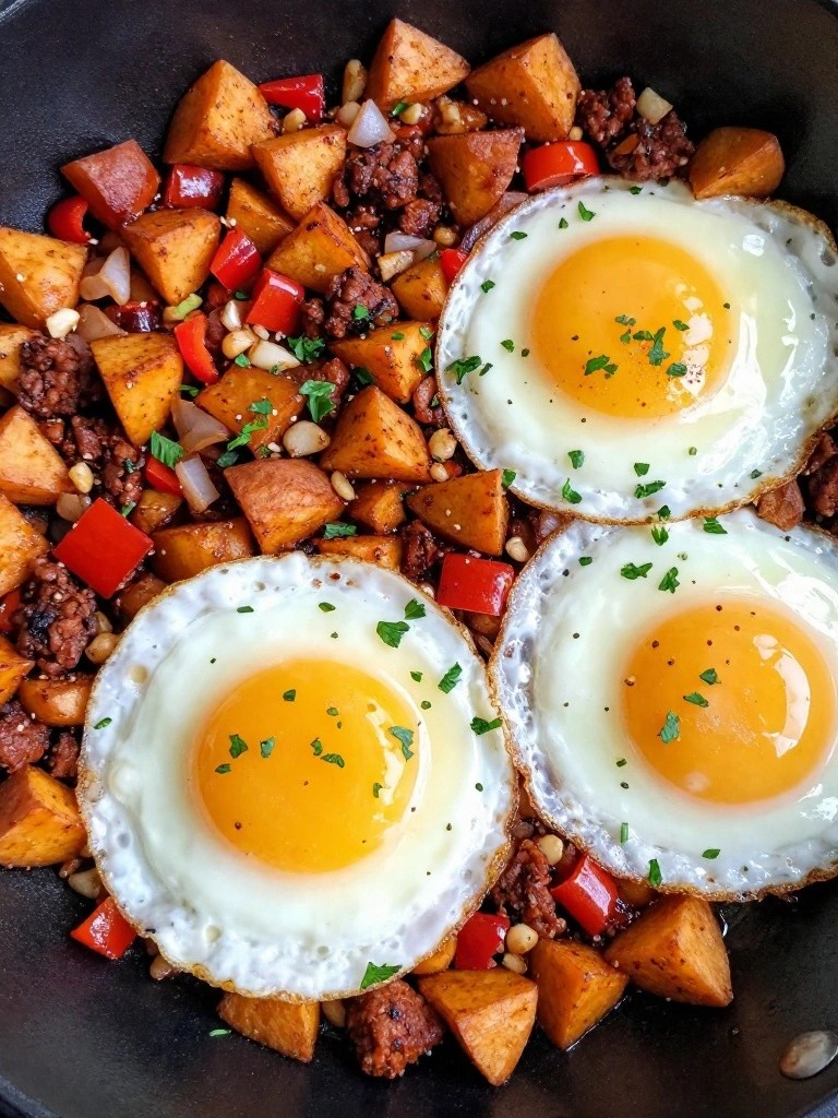 Spicy Chorizo Sweet Potato Hash with Fried Eggs
