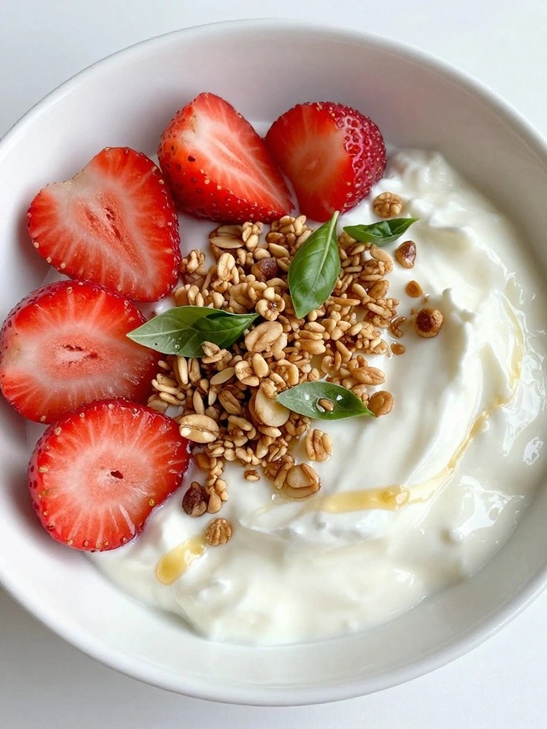 Strawberry Basil Granola Greek Yogurt Bowl