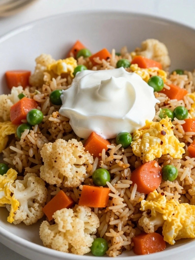 Asian-Style Egg Fried Cauliflower Rice with Greek Yogurt