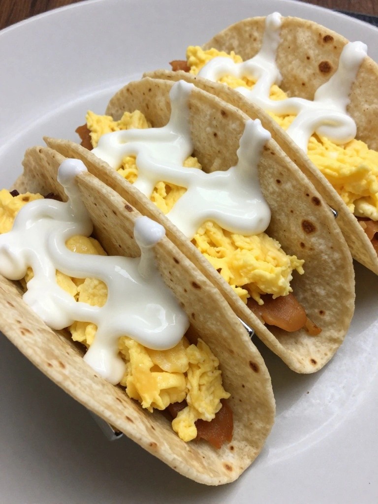 Breakfast Tacos with Scrambled Eggs and Greek Yogurt Crema