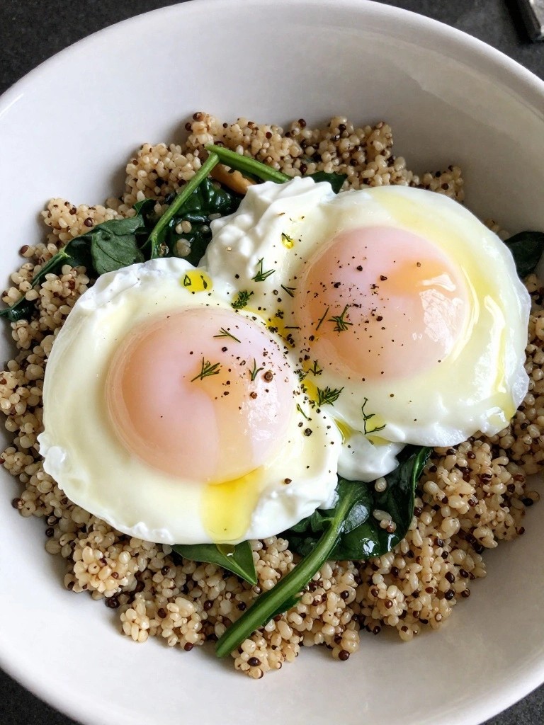 Quinoa Breakfast Bowl with Poached Eggs and Greek Yogurt