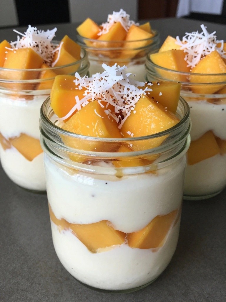 Tropical Mango Coconut Cottage Cheese Parfait Jars