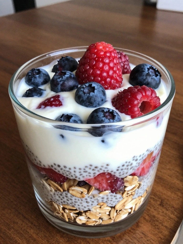 Mixed Berry Chia Pudding Oat Parfait with Greek Yogurt