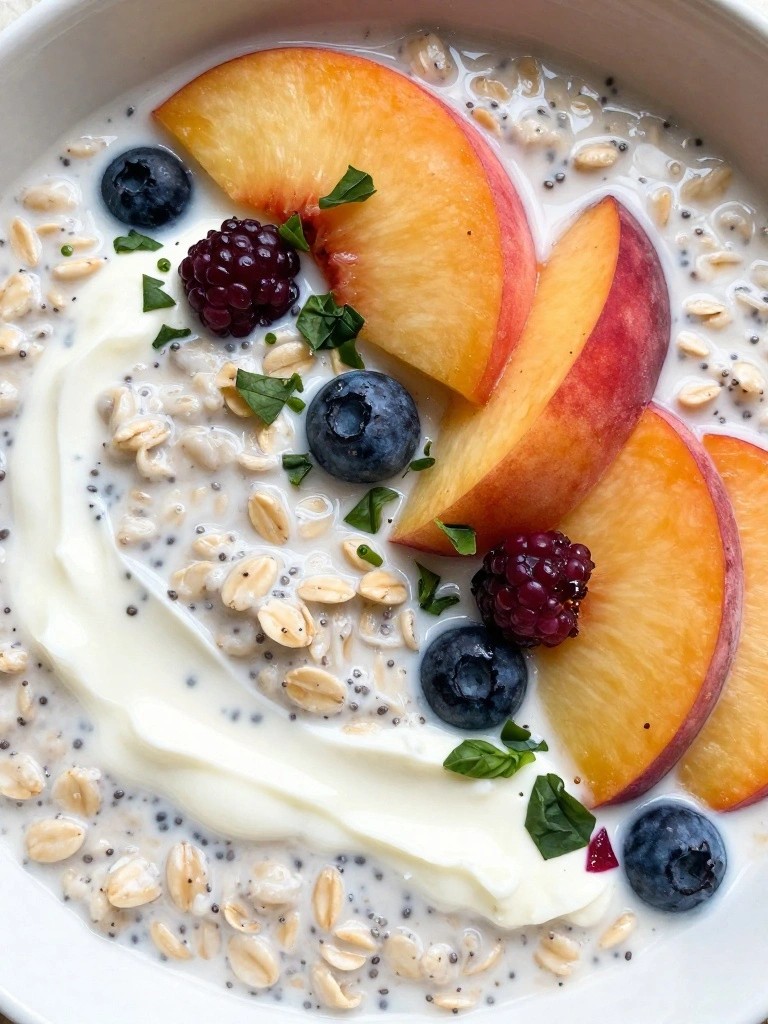 Peach Basil Berry Chia Oatmeal with Ricotta