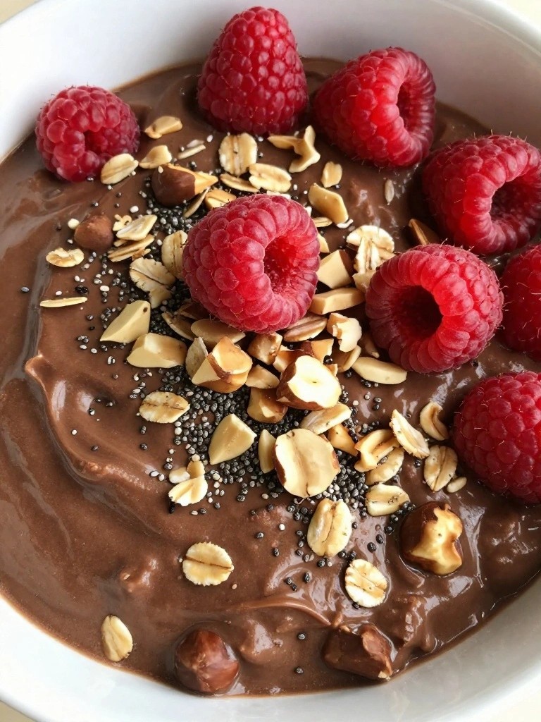 Chocolate Hazelnut Overnight Oats with Fresh Raspberries