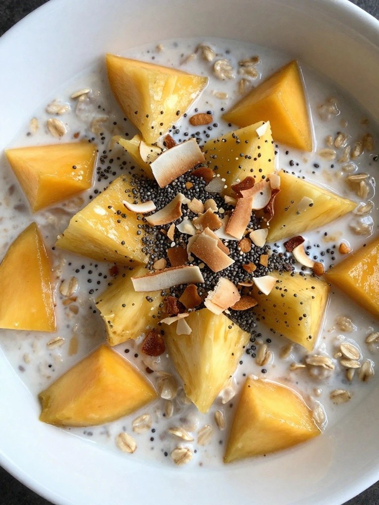 Tropical Mango Pineapple Overnight Oats with Toasted Coconut