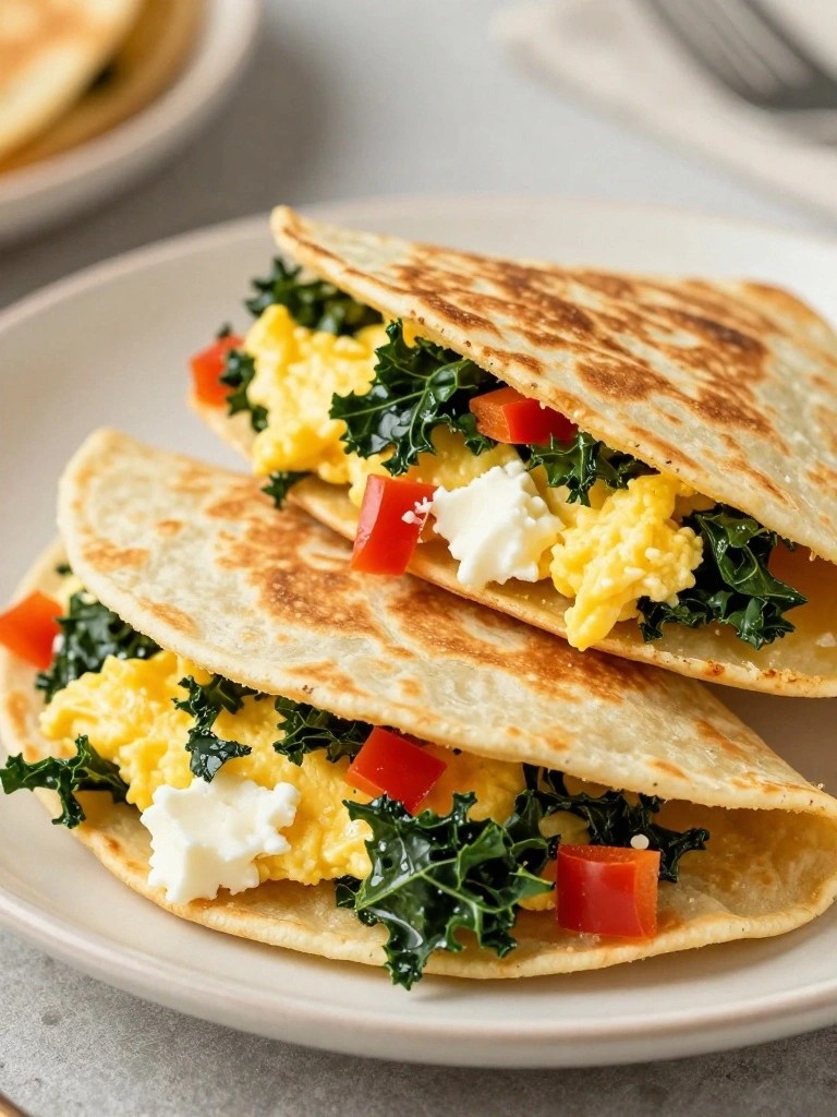 Kale Red Pepper and Goat Cheese Breakfast Quesadillas