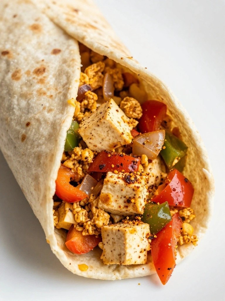 Spicy Tofu Scramble with Bell Peppers and Whole Wheat Wraps