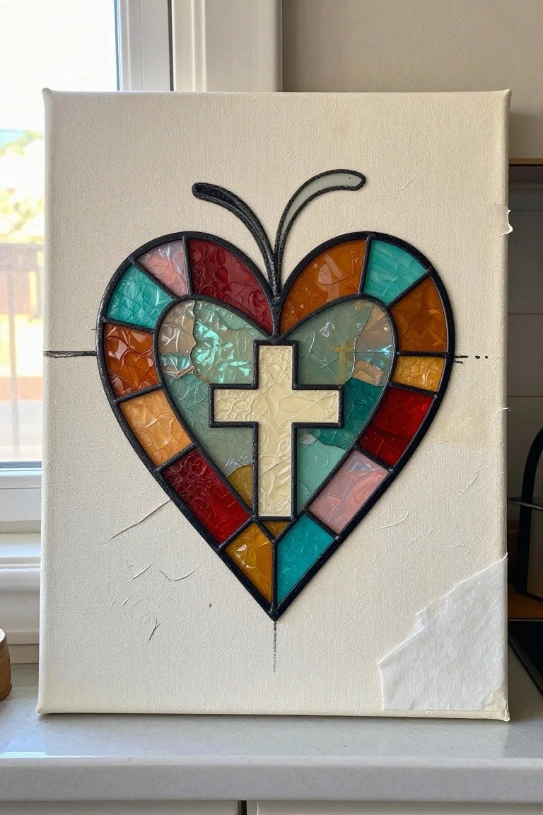 Heart-shaped stained glass mosaic with colorful segments and central white cross on canvas