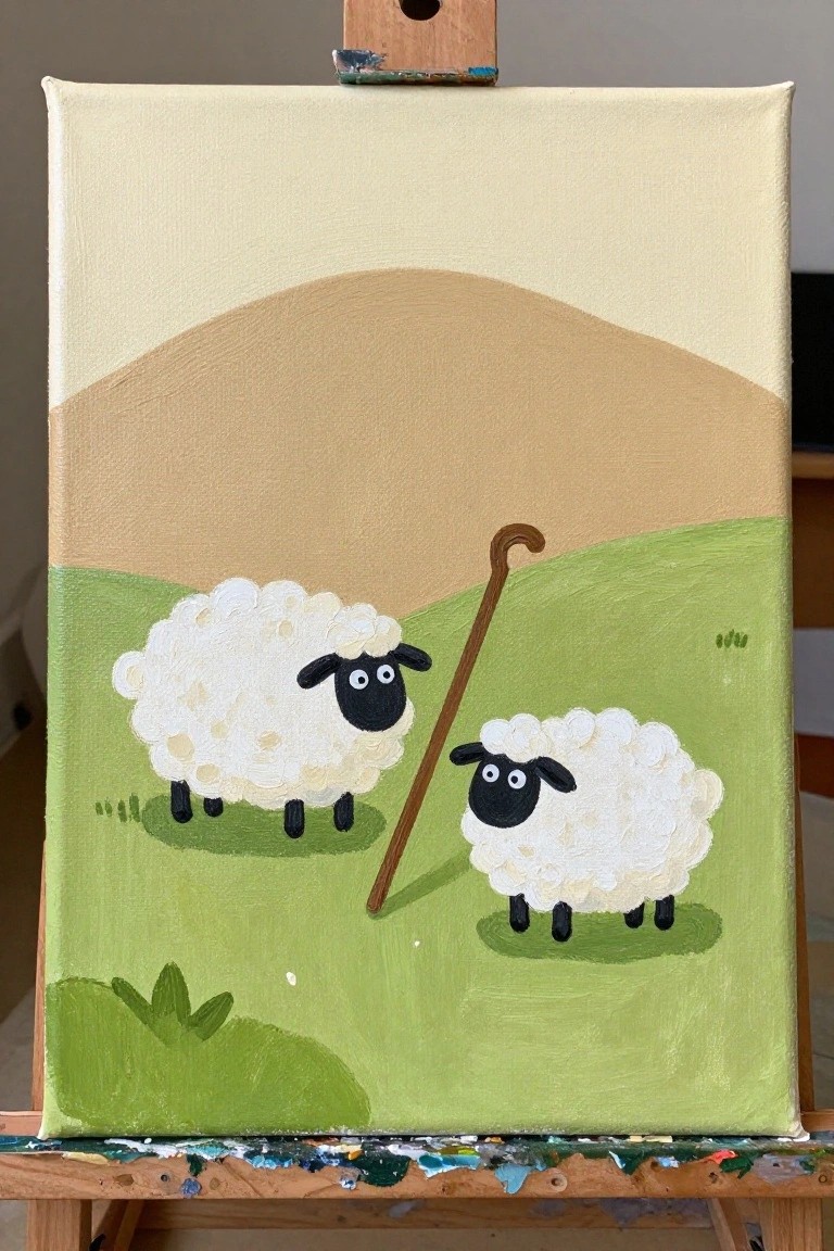 Two cartoon sheep on a green hill with a staff under a beige sky