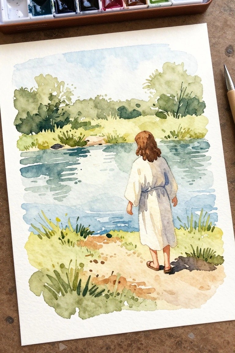 Watercolor of robed figure with long hair standing by blue river amid green trees